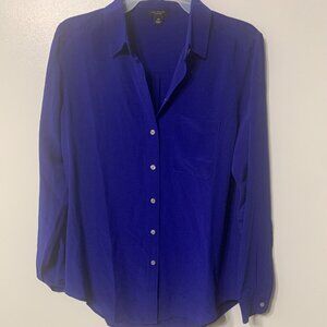 Ann Taylor 100% Silk Blouse SP Royal Blue Long Sleeve Button Front Shirt